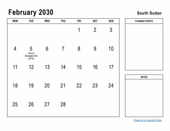 February 2030 Printable Monthly Calendar with South Sudan Holidays