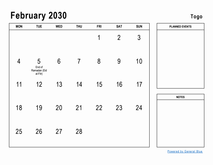 February 2030 Printable Monthly Calendar with Togo Holidays