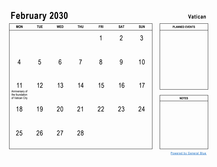 February 2030 Printable Monthly Calendar with Vatican Holidays