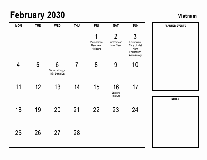 February 2030 Printable Monthly Calendar with Vietnam Holidays