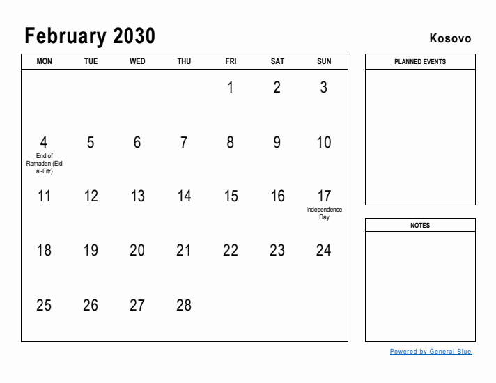 February 2030 Printable Monthly Calendar with Kosovo Holidays