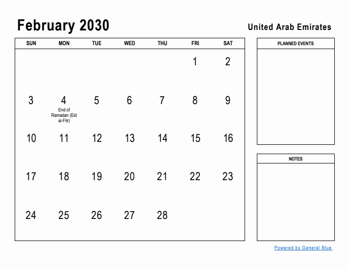 February 2030 Printable Monthly Calendar with United Arab Emirates Holidays