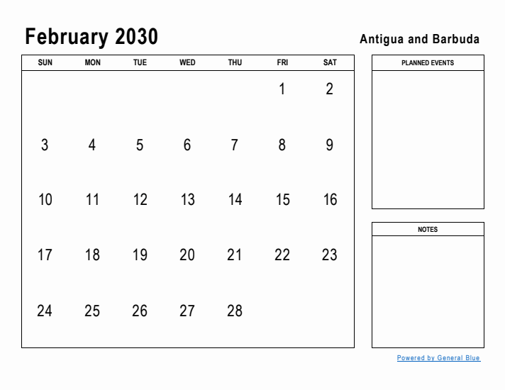 February 2030 Printable Monthly Calendar with Antigua and Barbuda Holidays