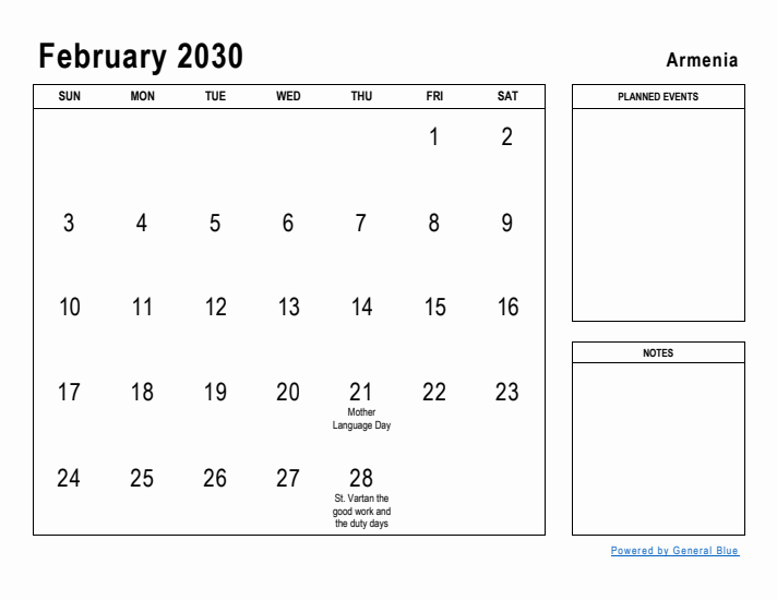 February 2030 Printable Monthly Calendar with Armenia Holidays