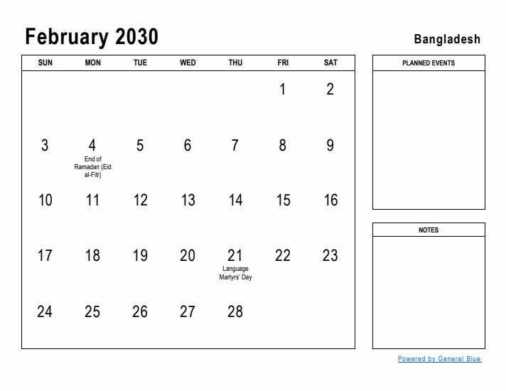 February 2030 Printable Monthly Calendar with Bangladesh Holidays