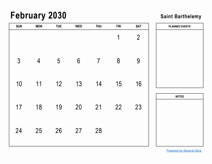 February 2030 Printable Monthly Calendar with Saint Barthelemy Holidays