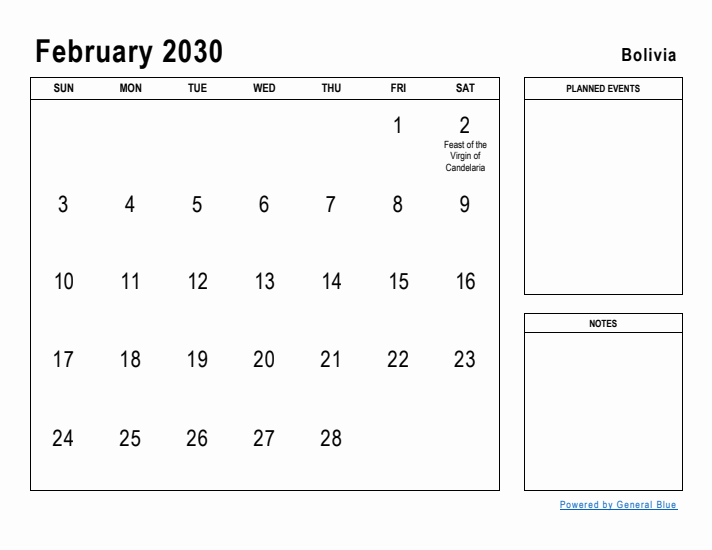 February 2030 Printable Monthly Calendar with Bolivia Holidays