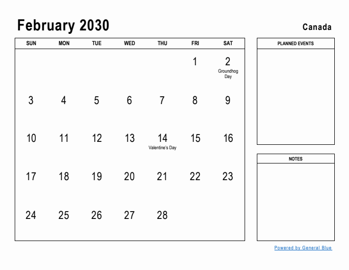 February 2030 Printable Monthly Calendar with Canada Holidays