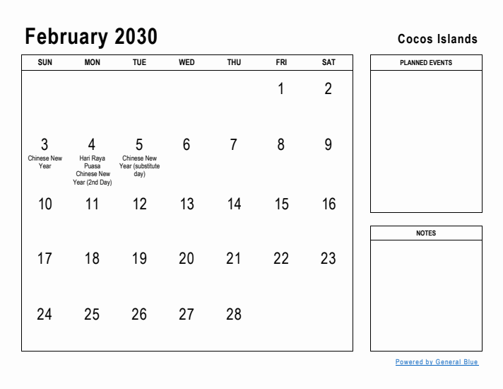 February 2030 Printable Monthly Calendar with Cocos Islands Holidays