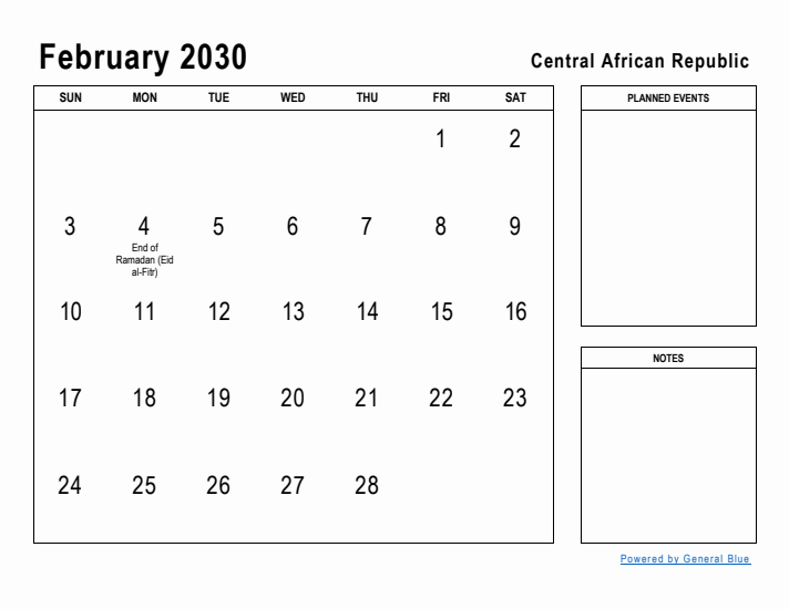 February 2030 Printable Monthly Calendar with Central African Republic Holidays