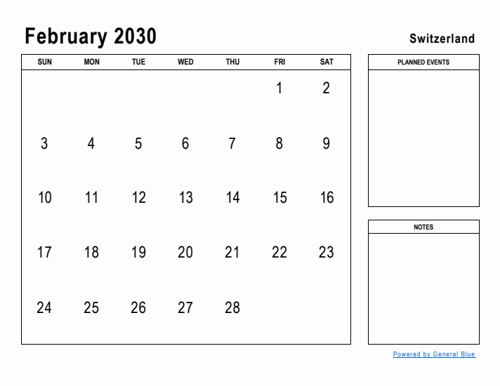 February 2030 Printable Monthly Calendar with Switzerland Holidays