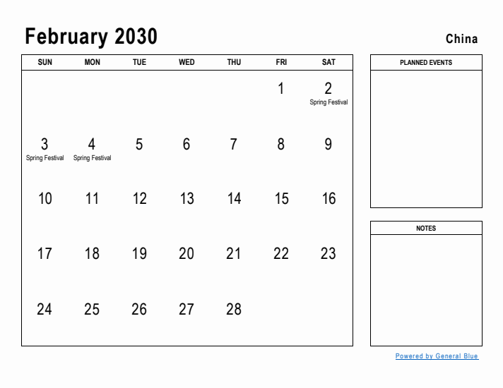 February 2030 Printable Monthly Calendar with China Holidays