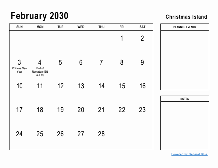 February 2030 Printable Monthly Calendar with Christmas Island Holidays