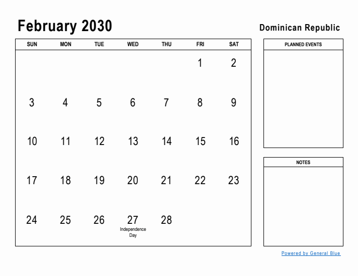 February 2030 Printable Monthly Calendar with Dominican Republic Holidays