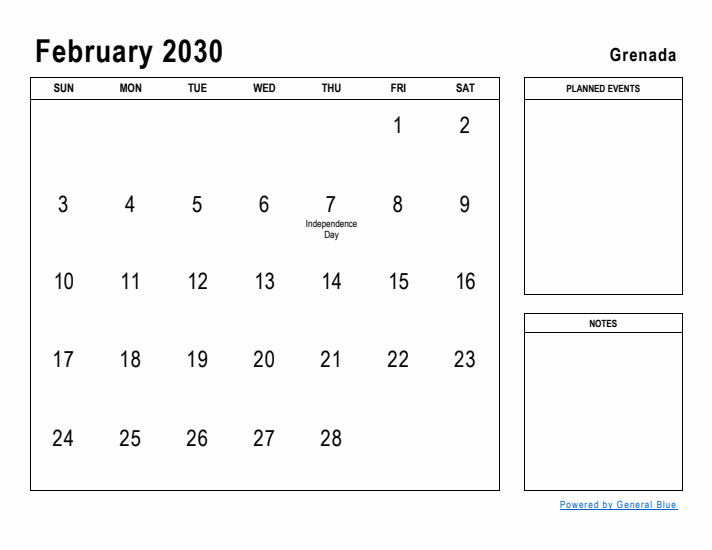 February 2030 Printable Monthly Calendar with Grenada Holidays