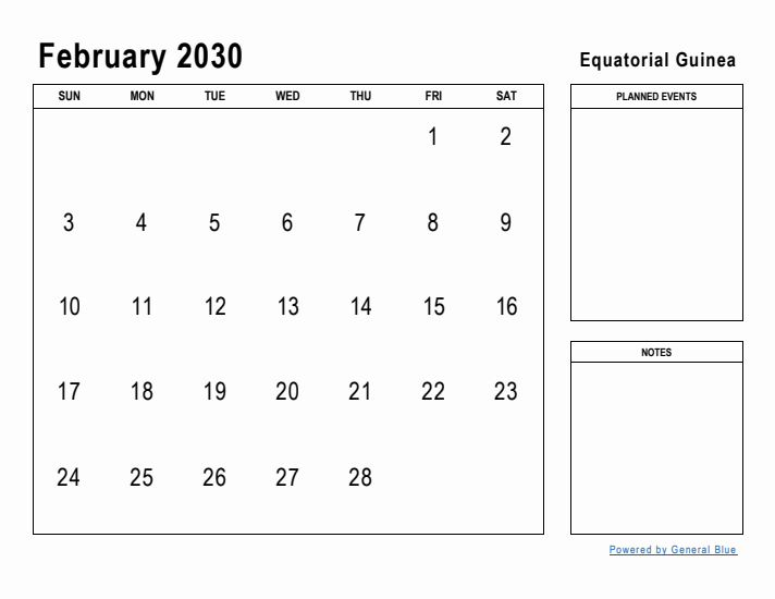 February 2030 Printable Monthly Calendar with Equatorial Guinea Holidays