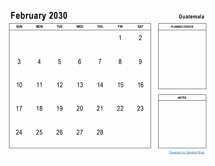 February 2030 Printable Monthly Calendar with Guatemala Holidays