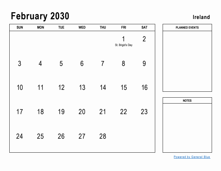 February 2030 Printable Monthly Calendar with Ireland Holidays