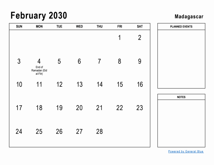 February 2030 Printable Monthly Calendar with Madagascar Holidays