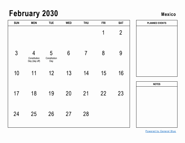 February 2030 Printable Monthly Calendar with Mexico Holidays