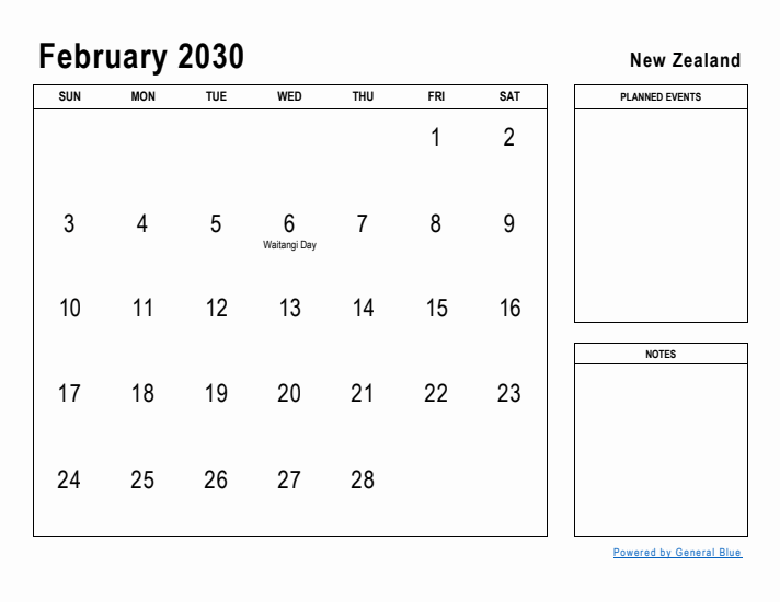 February 2030 Printable Monthly Calendar with New Zealand Holidays