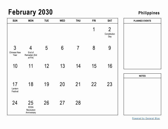 February 2030 Printable Monthly Calendar with Philippines Holidays