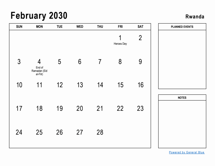 February 2030 Printable Monthly Calendar with Rwanda Holidays