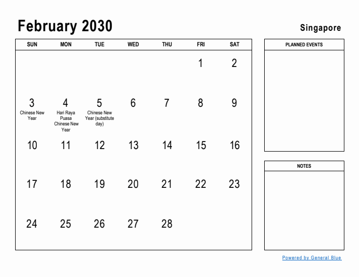 February 2030 Printable Monthly Calendar with Singapore Holidays