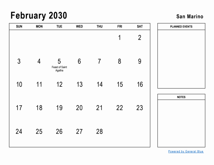 February 2030 Printable Monthly Calendar with San Marino Holidays