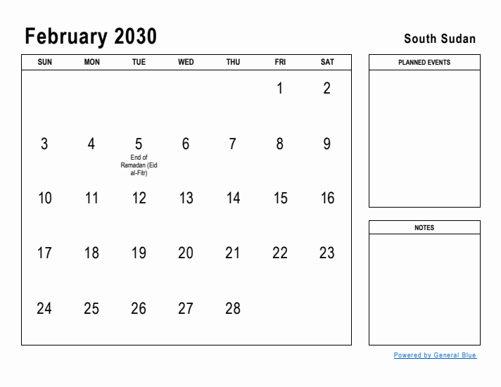 February 2030 Printable Monthly Calendar with South Sudan Holidays