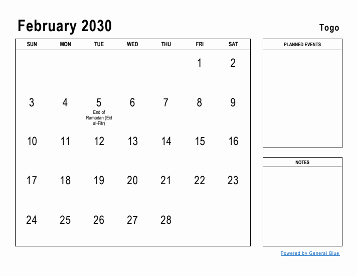 February 2030 Printable Monthly Calendar with Togo Holidays