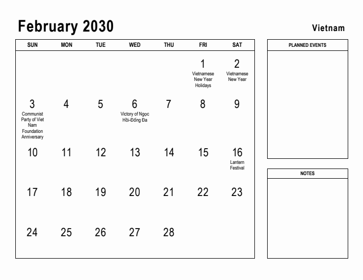 February 2030 Printable Monthly Calendar with Vietnam Holidays