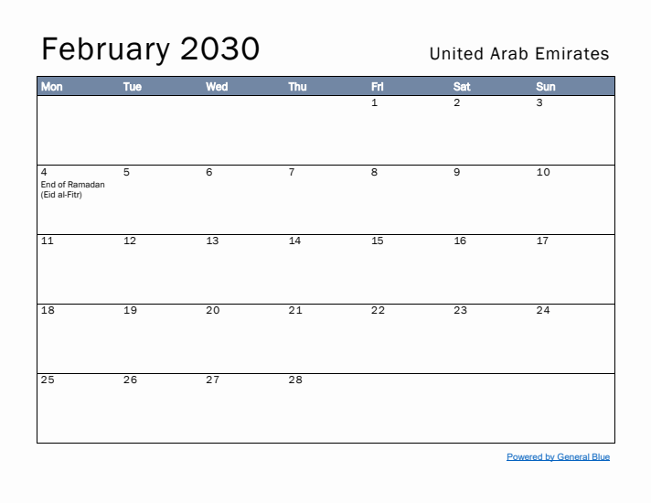 February 2030 Simple Monthly Calendar for United Arab Emirates