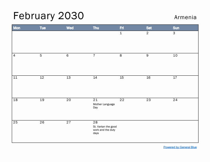 February 2030 Simple Monthly Calendar for Armenia