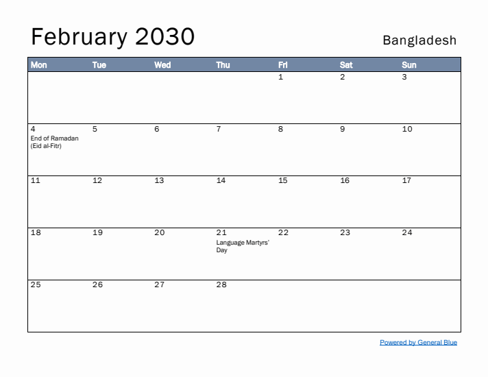 February 2030 Simple Monthly Calendar for Bangladesh