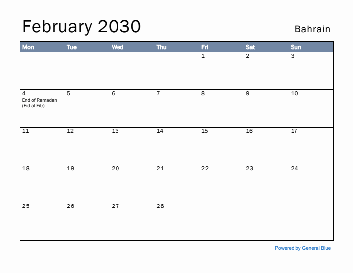 February 2030 Simple Monthly Calendar for Bahrain