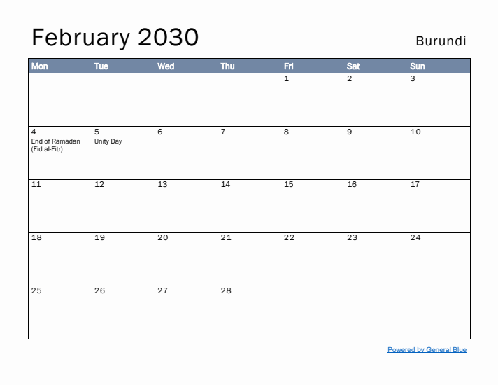 February 2030 Simple Monthly Calendar for Burundi