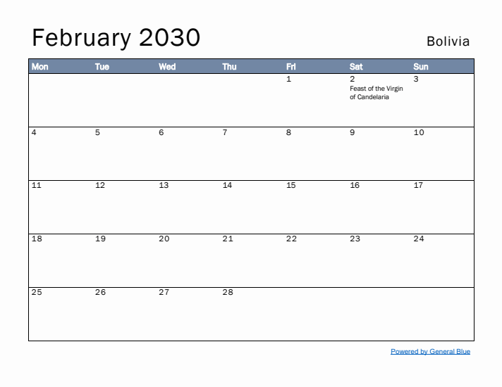 February 2030 Simple Monthly Calendar for Bolivia