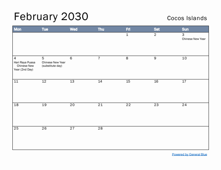 February 2030 Simple Monthly Calendar for Cocos Islands