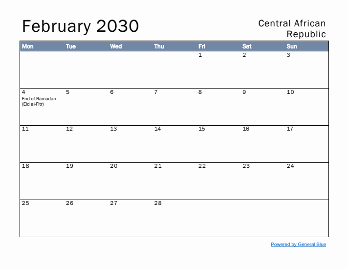 February 2030 Simple Monthly Calendar for Central African Republic