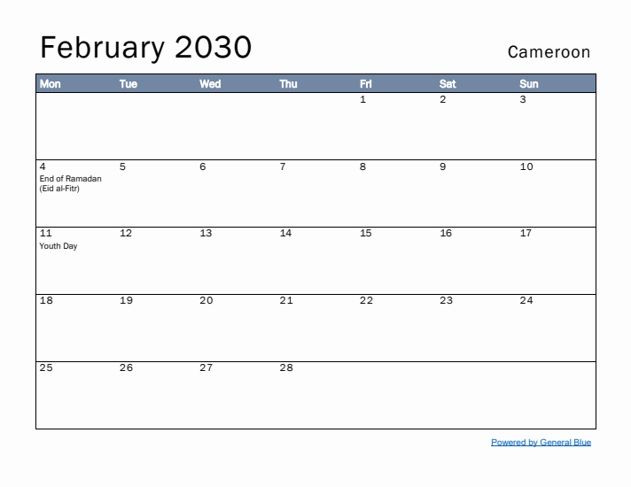 February 2030 Simple Monthly Calendar for Cameroon