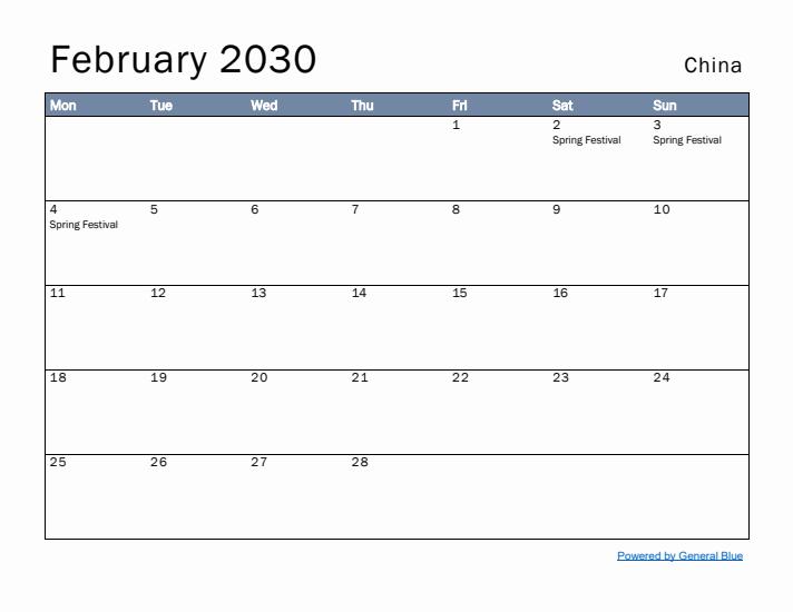 February 2030 Simple Monthly Calendar for China