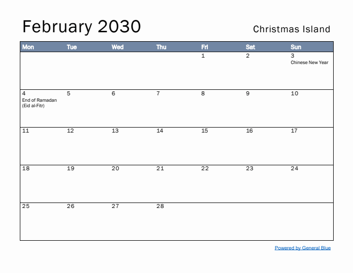 February 2030 Simple Monthly Calendar for Christmas Island