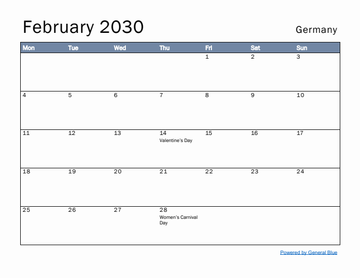 February 2030 Simple Monthly Calendar for Germany