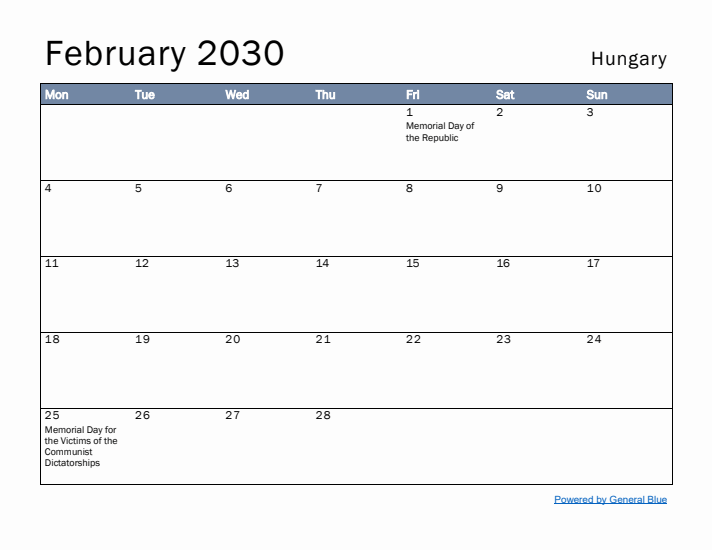 February 2030 Simple Monthly Calendar for Hungary