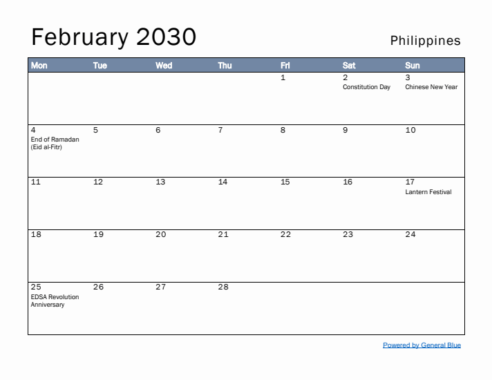 February 2030 Simple Monthly Calendar for Philippines