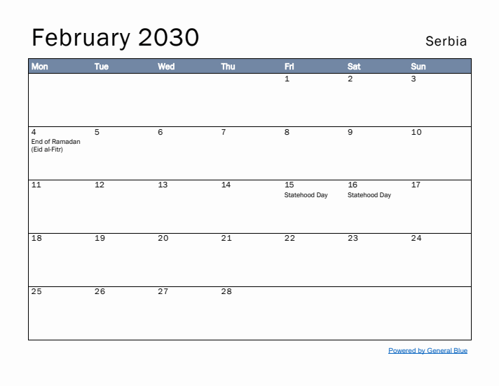 February 2030 Simple Monthly Calendar for Serbia