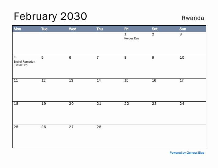 February 2030 Simple Monthly Calendar for Rwanda