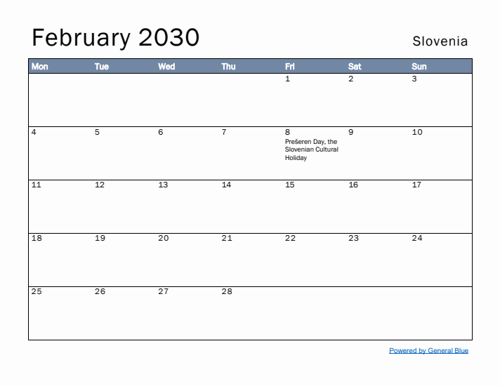 February 2030 Simple Monthly Calendar for Slovenia