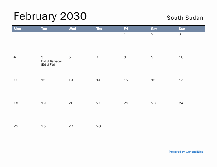 February 2030 Simple Monthly Calendar for South Sudan